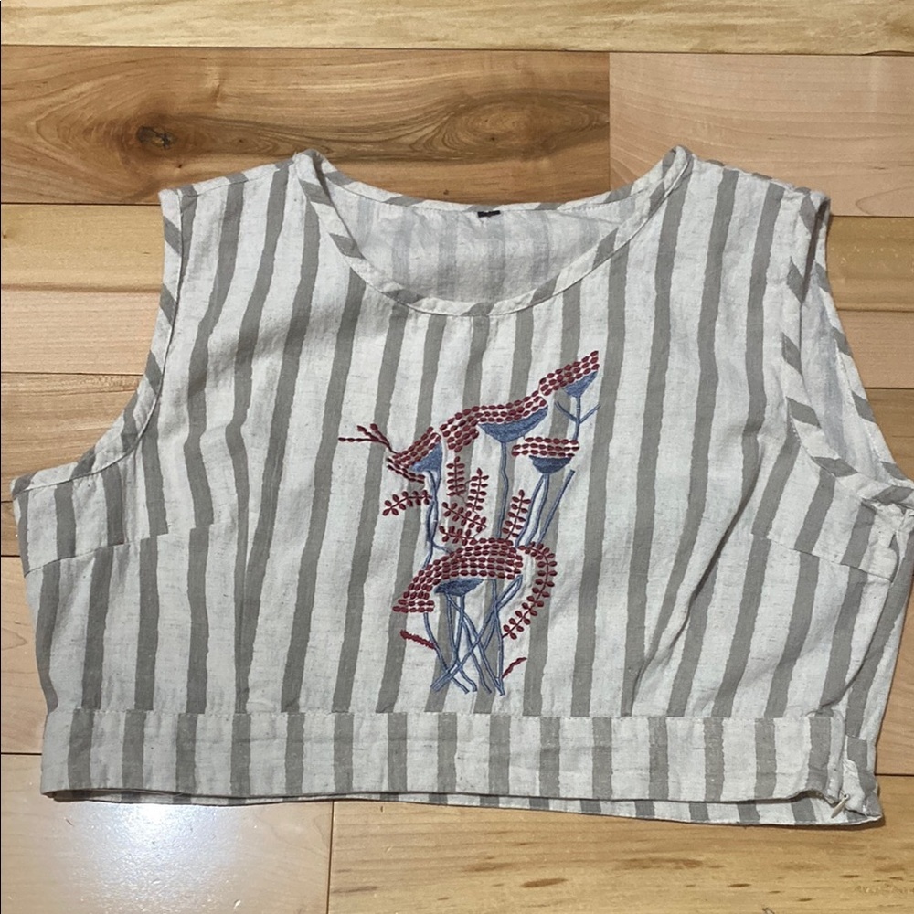 Striped Sleeveless Crop Top with Embroidered Design